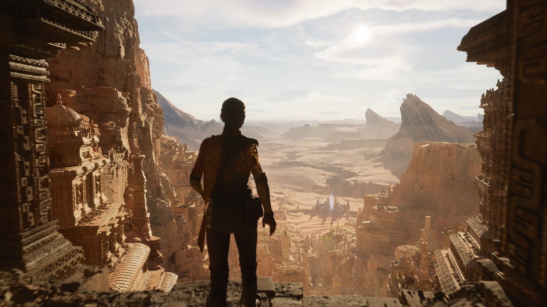 Desert canyon with an explorer, rendered in real time with Unreal Engine